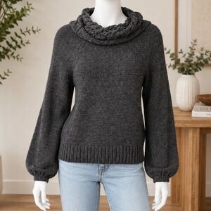 Bebe Womens Sweater Charcoal Grey Cowl Neck Cable Knit Chunky Small